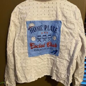 Hand designs women’s baseball themed, white denim jacket size XL